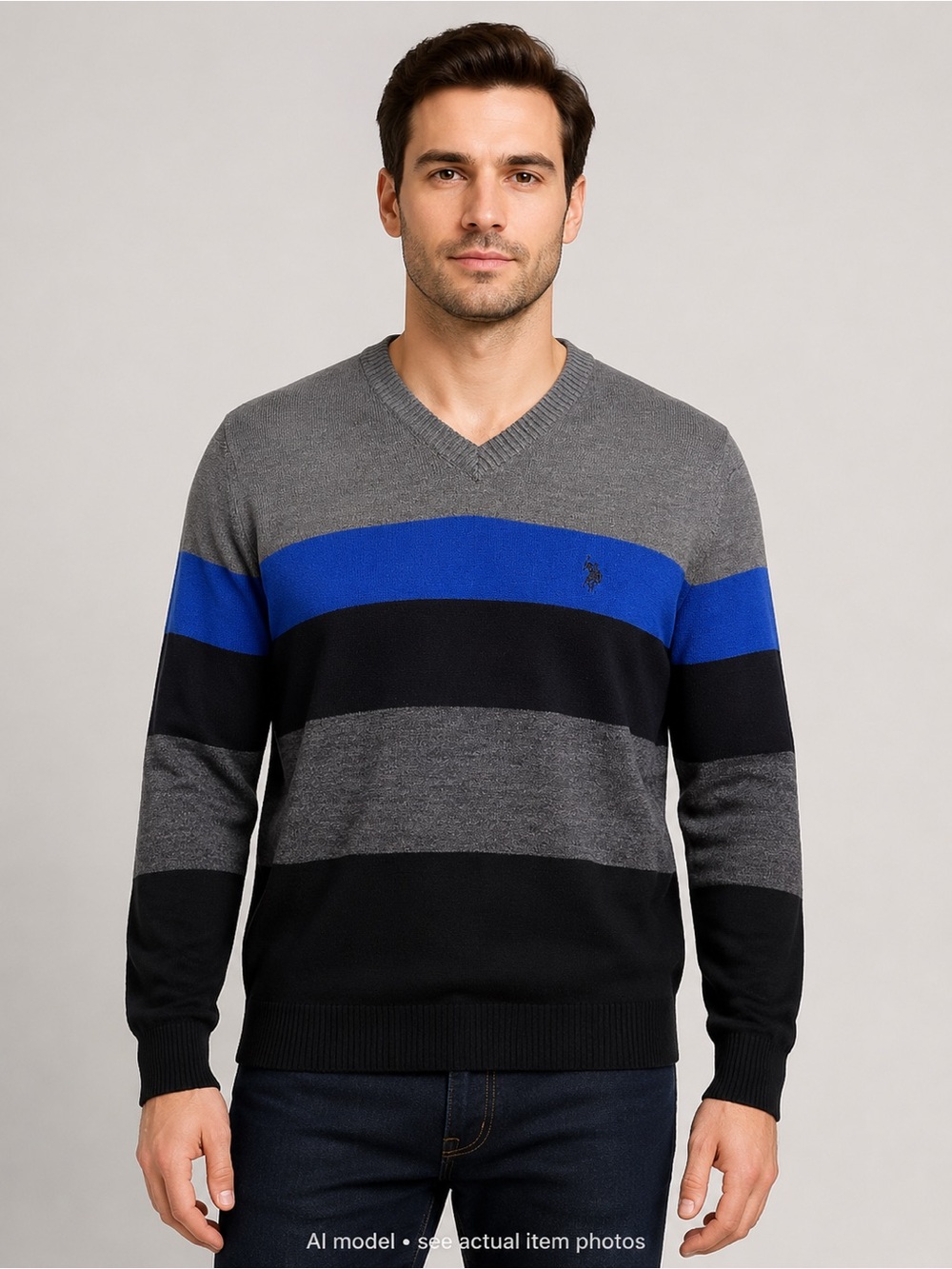 U.S. Polo Assn. Men's V-Neck Striped Sweater - Gray, Black & Blue